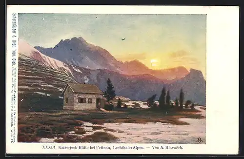 Künstler-AK Philipp + Kramer Nr. XXXI /1: Kaiserjoch-Hütte bei Pettnau, Lechthaler Alpen