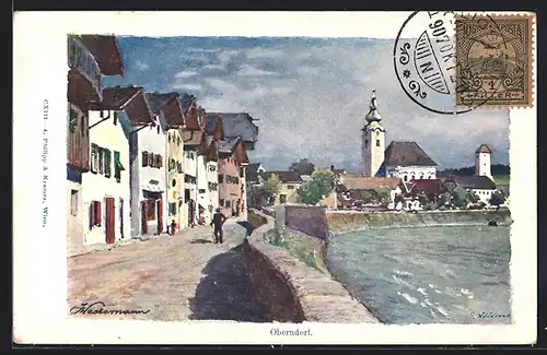 Künstler-AK Philipp + Kramer Nr. CXIII: Oberndorf, Uferpartie, Blick zur Kirche