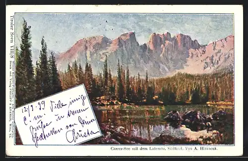 Künstler-AK Philipp + Kramer Nr. 8: Karersee mit dem Latemar