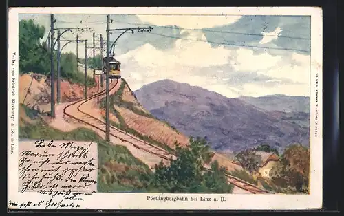 Künstler-AK Philipp + Kramer: Linz a. D., Bergbahn Pöstlingerbahn