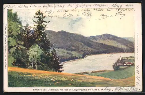 Künstler-AK Linz, Blick von der Pöstlingbergbahn in's Donauthal