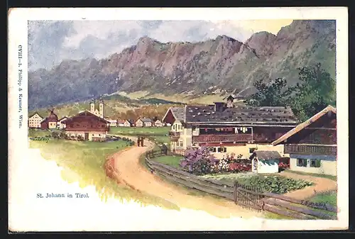 Künstler-AK Franz Kopallik: St. Johann, Ortsansicht mit Kirche