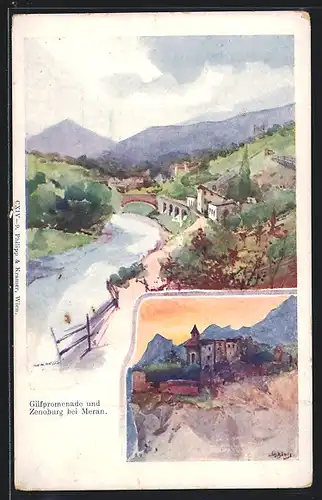 Künstler-AK Philipp + Kramer Nr. 9: Meran, Gilfpromenade und Zenoburg