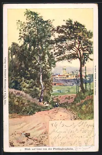 Künstler-AK Linz, Blick von der Pöstlingbergbahn