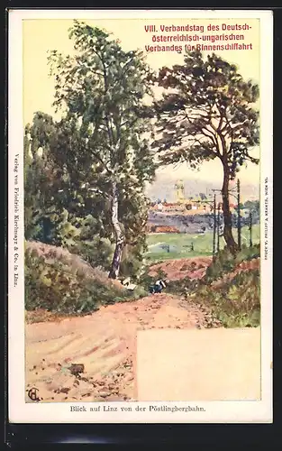 Künstler-AK Philipp + Kramer: Linz a. D., Blick von der Pöstlingbergbahn