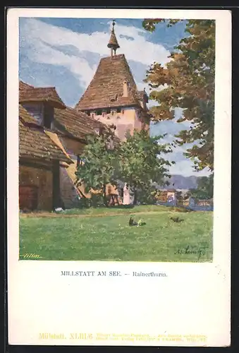 AK Millstatt am See, Rainerthurm mit Hühnern auf einer Wiese