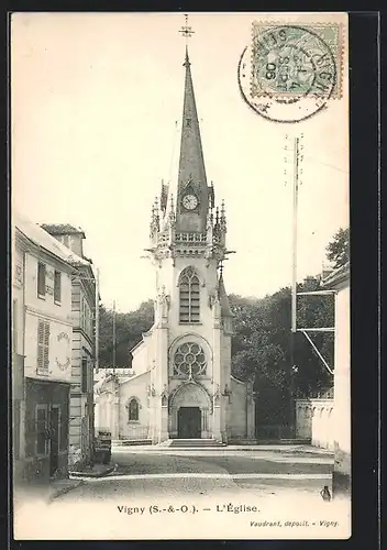 AK Vigny, L`Église, Kirche im Sonnenschein