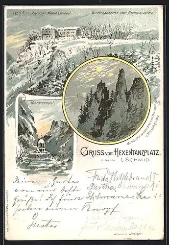 Lithographie Hexentanzplatz, Mondscheinpanorama mit Hirschgrund, Kronentempel, Winterpanorama