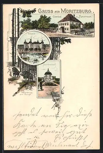 Lithographie Moritzburg, Schloss, Fasanenschloss, Wildschweine-Aufforderung zum Kampf