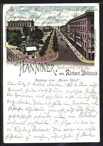 Lithographie Hannover, Bruns Hotel von Richard Dölitzsch am Kröpcke