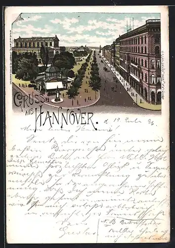 Lithographie Hannover, Strassenpartie aus der Vogelschau