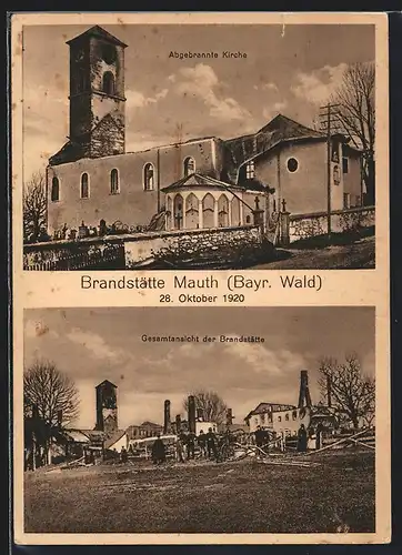 AK Mauth, Brand am 28.10.1920, Abgebrannte Kirche