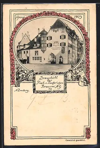 Passepartout-AK Nürnberg, Gasthaus Braustübl der Freih. u. Tucher`schen Brauerei A. G. anno 1903