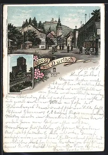 Lithographie Durlach, Strassenpartie im Ortskern