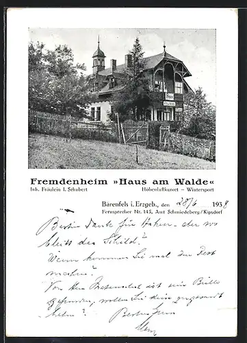 AK Bärenfels i. Erzgeb., Hotel Haus am Walde von I. Schubert