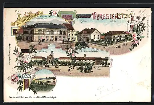 Lithographie Theresienstadt / Terezin, Restaurant Deutsches Haus, K. k. Genie-Gebäude, Art.-Zeughaus