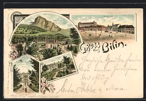 Lithographie Bilin, Marktplatz, Kurhaus, Borschen mit Kaiser Franz Josefsquelle