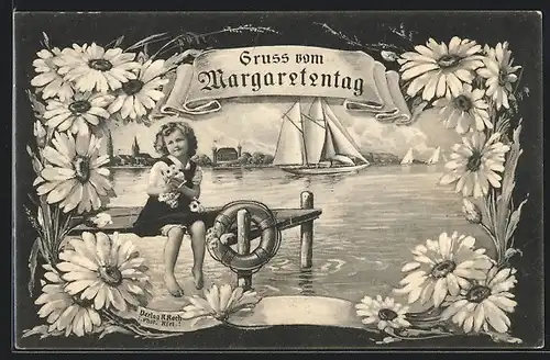 AK Kiel, Margaretentag, Mädchen sitzt mit Margareten an einem Steg