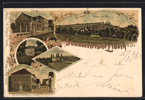 Lithographie Liboch an der Elbe, Turnhalle, Schloss, Kaiser-Josefs-Denkmal