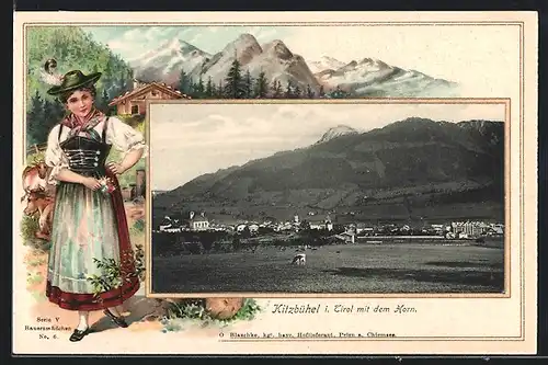 Passepartout-Lithographie Kitzbühel i. Tirol, Totalansicht mit dem Horn, Frau in Tracht