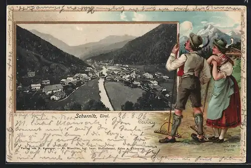 Passepartout-Lithographie Scharnitz / Tirol, Gesamtansicht, Bauernpaar in Tracht