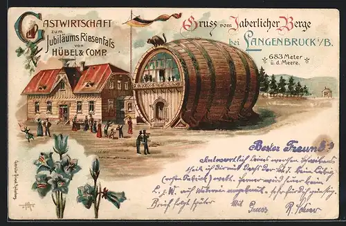 Lithographie Langenbruck, Gasthaus zum Jubiläums Riesenfass