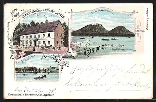 Lithographie Hammer bei Wartenberg, Gasthaus zum Schloss Dewin, Ortsansicht vom See aus