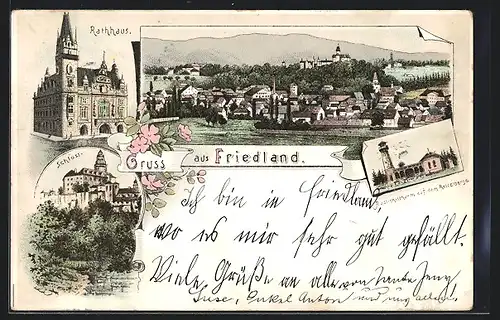 Lithographie Friedland, Rathaus, Schloss, Aussichtsturm auf dem Resselberge, Ortsansicht