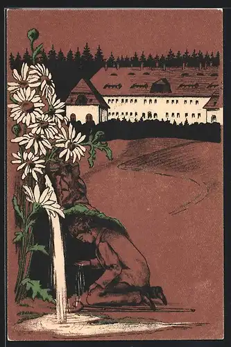 Künstler-AK Zwickau, Margaretentag 1911, Mann sitzt an einem Wasserfall