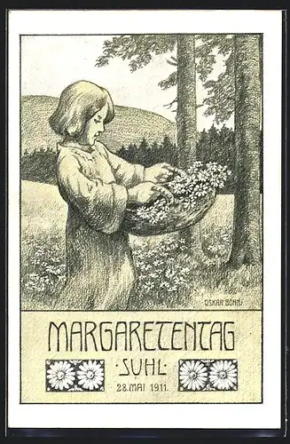 Künstler-AK Suhl, Margaretentag 1911, Mädchen sammelt Margareten