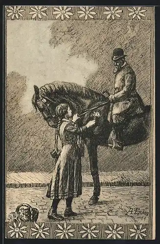 Künstler-AK Plauen, Margaretentag 1911, Mädchen schenkt einem Reiter Margareten