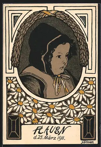 AK Plauen, Margaretentag 1911, Frau mit Haube und Gänseblumen