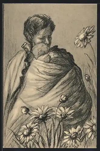 Künstler-AK Weida, Margeritentag 1911, Mutter mit Kind in einem Margeritenfeld