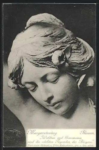 AK Plauen, Margaretentag, Statue einer Frau mit Blume im Haar