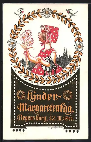Künstler-AK Regensberg, Kinder-Margaretentag 1911, Mädchen mit Puppe und Margeriten