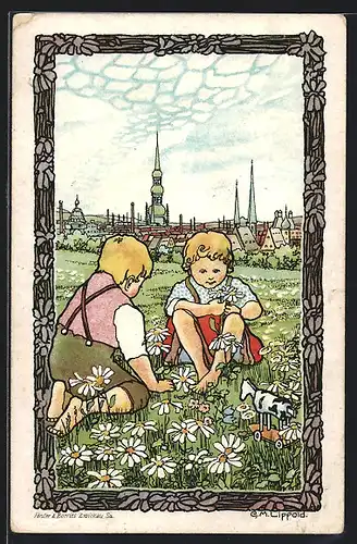 Künstler-AK Zwickau, Margaretentag 1911, Kinder auf einer Wiese pflücken Margeriten