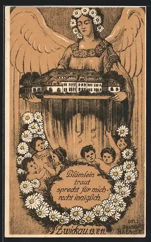 Künstler-AK Zwickau, Margaretentag 1911, Kinder in einem Kranz voller Margeriten, Engel