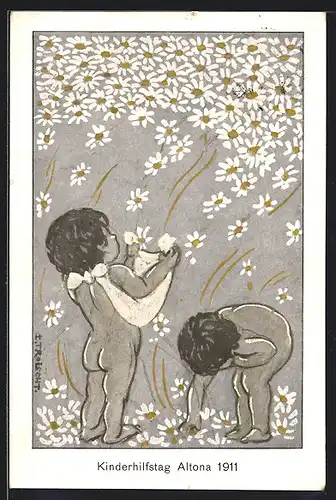 Künstler-AK Hamburg-Altona, Kinderhilfstag 1911, Kinder pflücken Margeriten