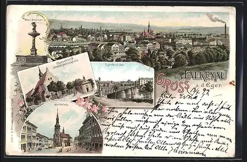Lithographie Falkenau a. d. Eger, Egerbrücke, Marktplatz, Bürgerliches Schiesshaus
