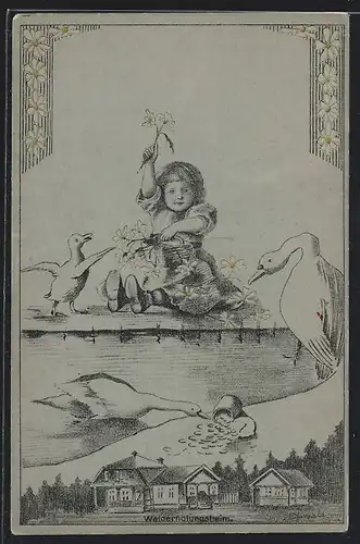 Künstler-AK Zwickau, Margareten-Tag 1911, Walderholungsheim, Mädchen und Gänse