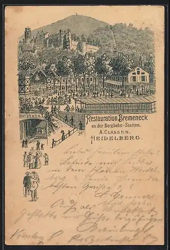 Vorläufer-Lithographie Heidelberg, 1894, Restaurant Bremeneck von A. Classen, an der Bergbahn-Station