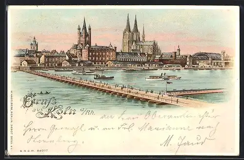 Lithographie Köln, Ortsansicht mit Dom und Pontonbrücke, Halt gegen das Licht: beleuchtete Fenster