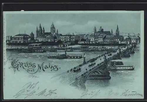Lithographie Mainz, Blick über den Rhein auf die Stadt, Halt gegen das Licht: beleuchtete Fenster
