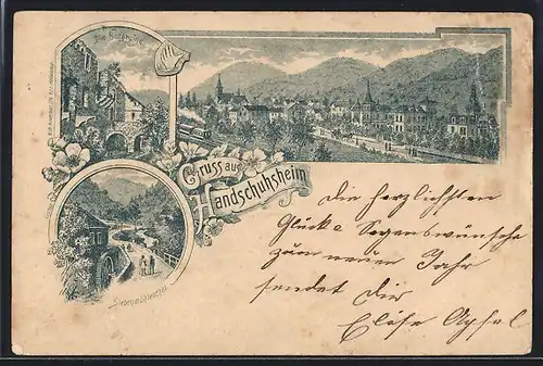 Vorläufer-Lithographie Handschuhsheim, 1894, Burgruine, Motiv im Siebenmühlenthal, Panorama
