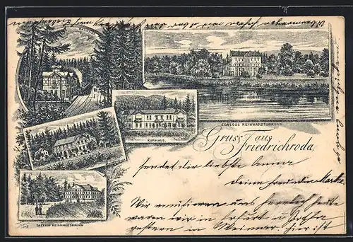 Vorläufer-Lithographie Friedrichroda, 1895, Gasthof Reinhardtsbrunn, Bahnhof, Klostermühle, Kurhaus