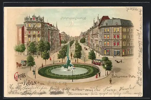 Lithographie Köln a. Rh., Hohenstaufenring vom Barbarossa-Platz gesehen, Halt gegen das Licht: beleuchtete Fenster