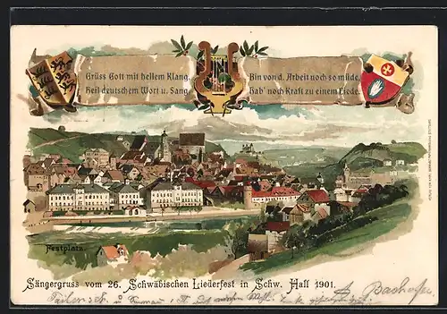 Lithographie Ganzsache Württemberg PP11C48: Schwäbisch Hall, 26. Schwäbisches Liederfest 1901, Festplatz & Ortsansicht