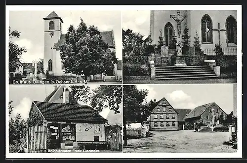 AK Öllingen /Ochsenfurt, Kolonialwaren Franz Linzmeier, Strassenpartie, Kirche