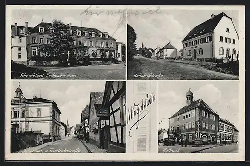AK Mingolsheim, Schwefelbad Rochusbrunnen, Bahnhofstrasse, Rathaus
