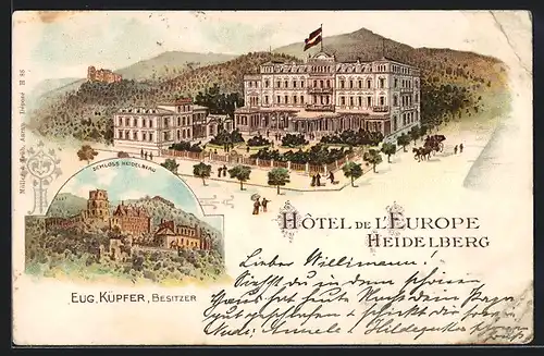 Lithographie Heidelberg, Hotel de l'Europe Bes.: Eug. Küpfer, Schloss